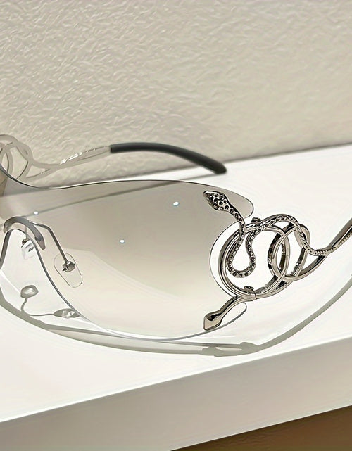 Load image into Gallery viewer, Y2K Style Frameless Glasses with Snake Design Hinges - Zinc Alloy, Clear PC Lenses, Futuristic Metallic Finish for Streetwear Fashion
