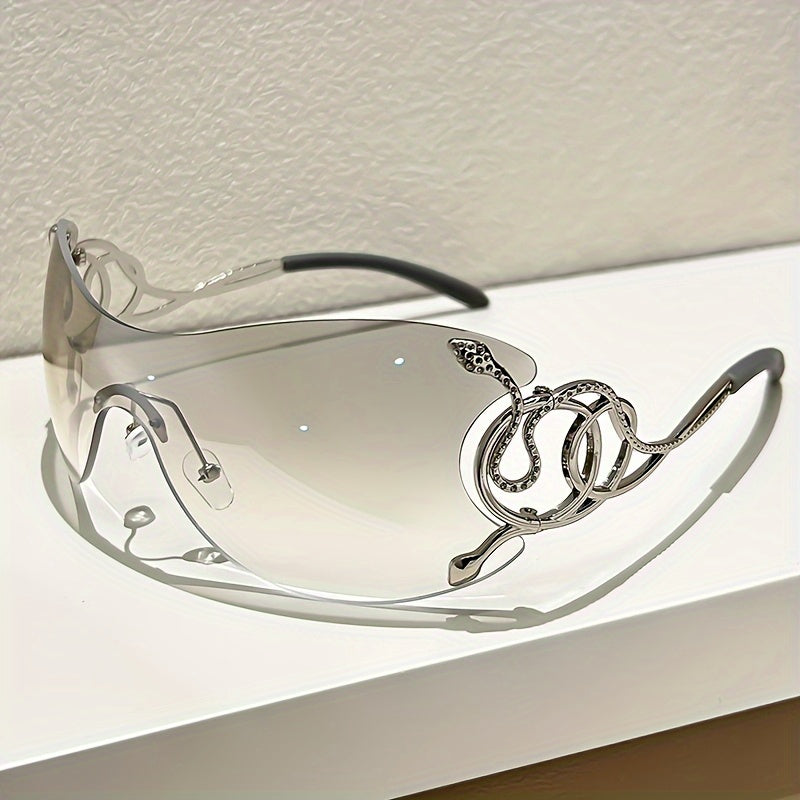 Y2K Style Frameless Glasses with Snake Design Hinges - Zinc Alloy, Clear PC Lenses, Futuristic Metallic Finish for Streetwear Fashion