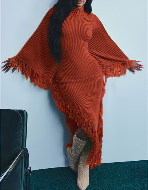 Load image into Gallery viewer, Long Sleeve Batwing Fringe Trim Sweater Dress For Women, High Neck Maxi With Asymmetrical Hem, Sexy And Chic Style
