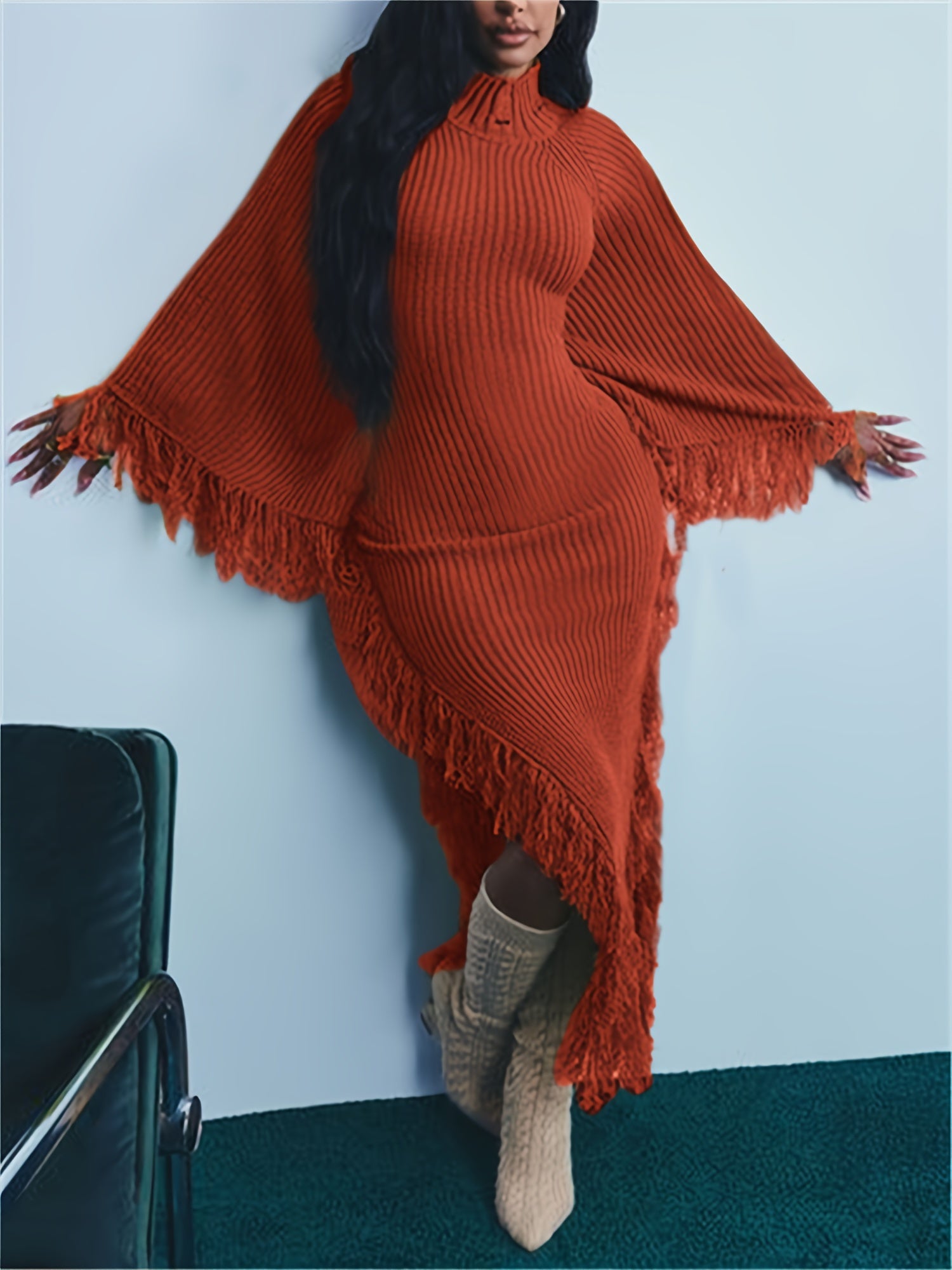 Long Sleeve Batwing Fringe Trim Sweater Dress For Women, High Neck Maxi With Asymmetrical Hem, Sexy And Chic Style