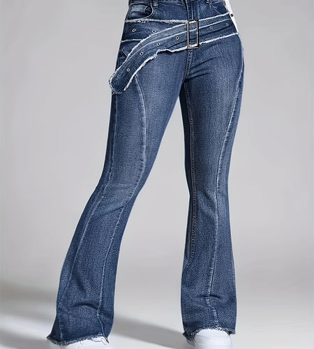 Ladies' Retro Washed Fringed Fake Waistband Design with Curved Edge And Slightly Flared Jeans