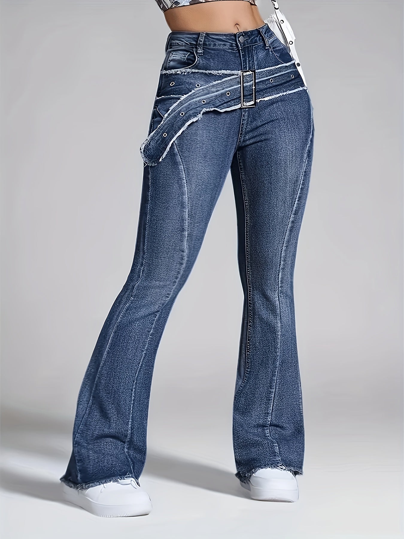 Ladies' Retro Washed Fringed Fake Waistband Design with Curved Edge And Slightly Flared Jeans
