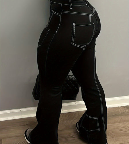 Women  Streetwear Cargo Jeans - Wide-Leg Work Pants with Multi-Pocket Design, Structured  Loop Waist & Button Closure