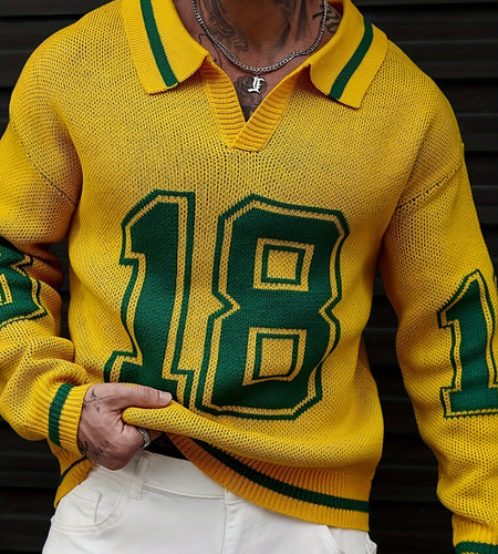 Men Basketball-Inspired Knit Pullover Sweater, Geometric Pattern Long Sleeve Casual sports knit tops, Men's autumn and winter knitted pullover.