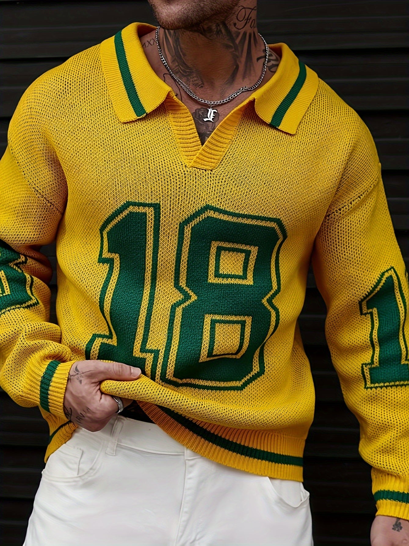 Men Basketball-Inspired Knit Pullover Sweater, Geometric Pattern Long Sleeve Casual sports knit tops, Men's autumn and winter knitted pullover.