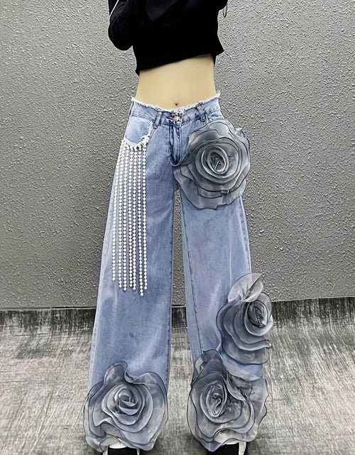 Load image into Gallery viewer, Women Mid-Waist Wide-Leg Jeans, Adorned with 3D Flowers And Pearl Pendant Chains, Are Stylish And Versatile Denim Pants Suitable for All Seasons And Various Occasions
