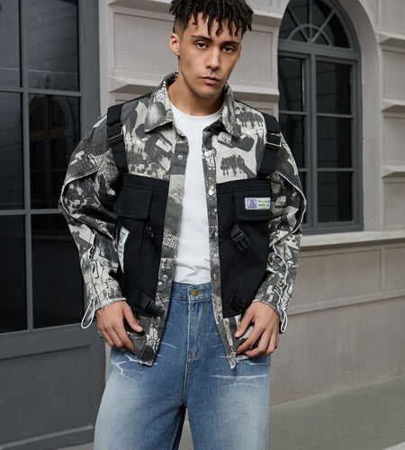 Trendy High Street Denim Jacket for Men with a Lapel And Spliced Design,