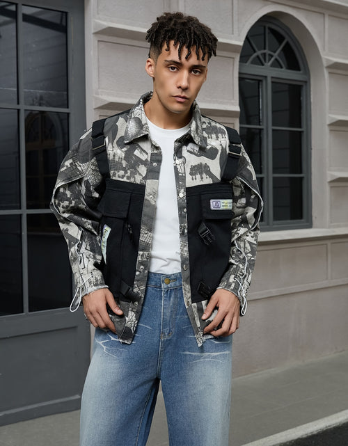 Load image into Gallery viewer, Trendy High Street Denim Jacket for Men with a Lapel And Spliced Design,
