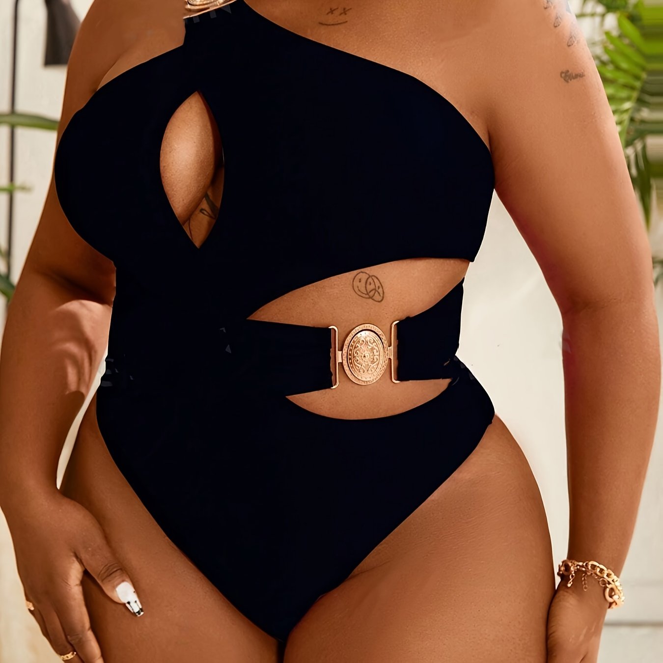 Sexy One-Piece Swimsuit Women's Plus Size Sexy One-Piece Swimsuit | High Elasticity Solid Color Black with Removable Chest Pads | High Waisted Swimsuit