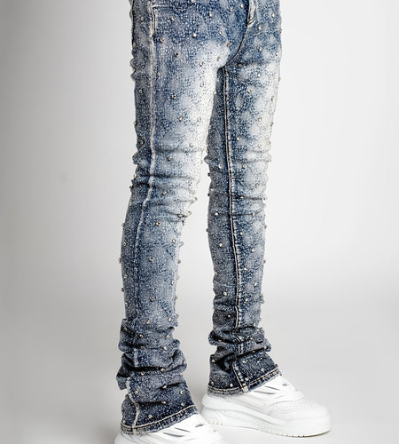 Men's Sparkling Elastic Straight Jeans ,Skinny Cotton Blend with Nail Drill Decoration