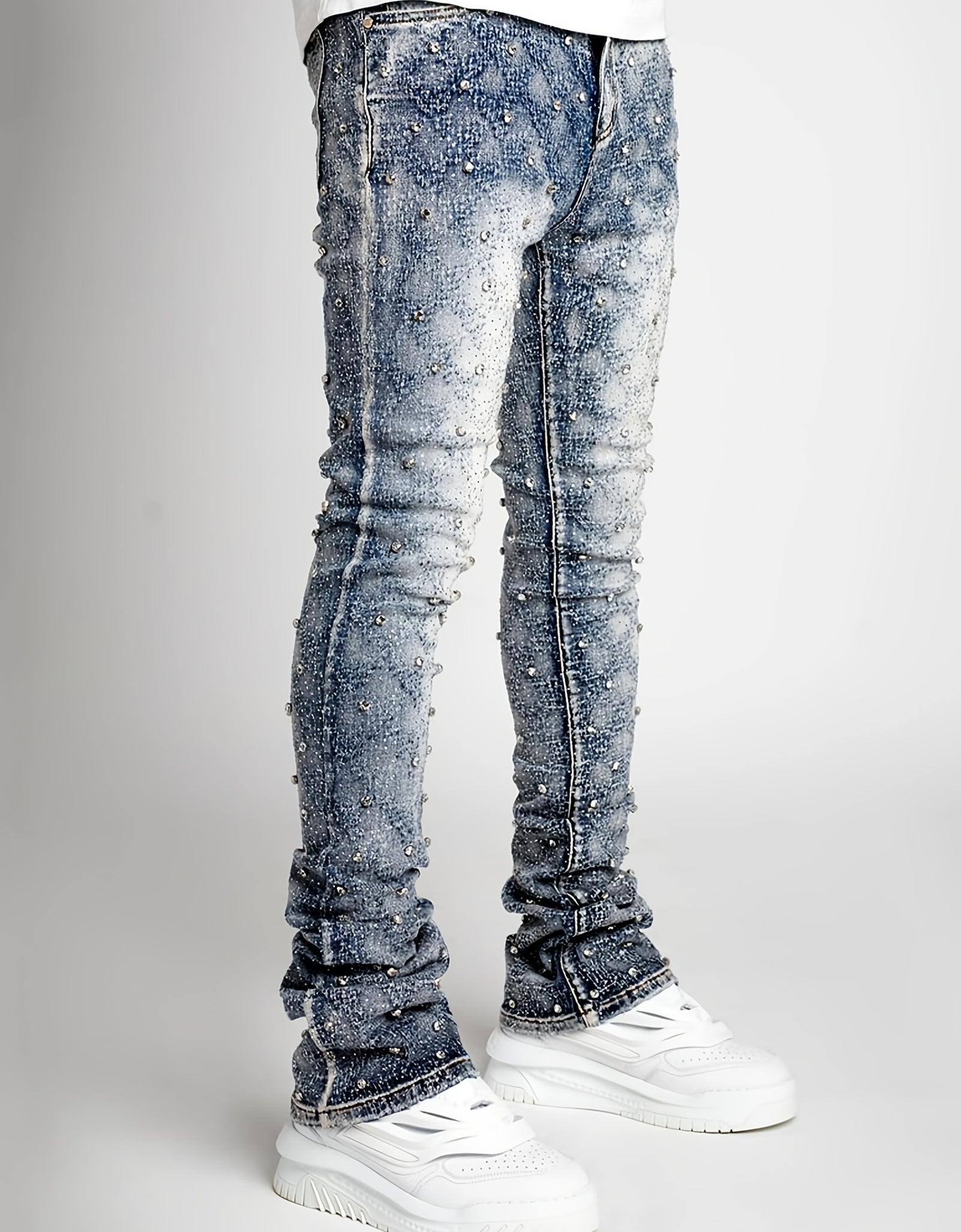 Men's Sparkling Elastic Straight Jeans ,Skinny Cotton Blend with Nail Drill Decoration