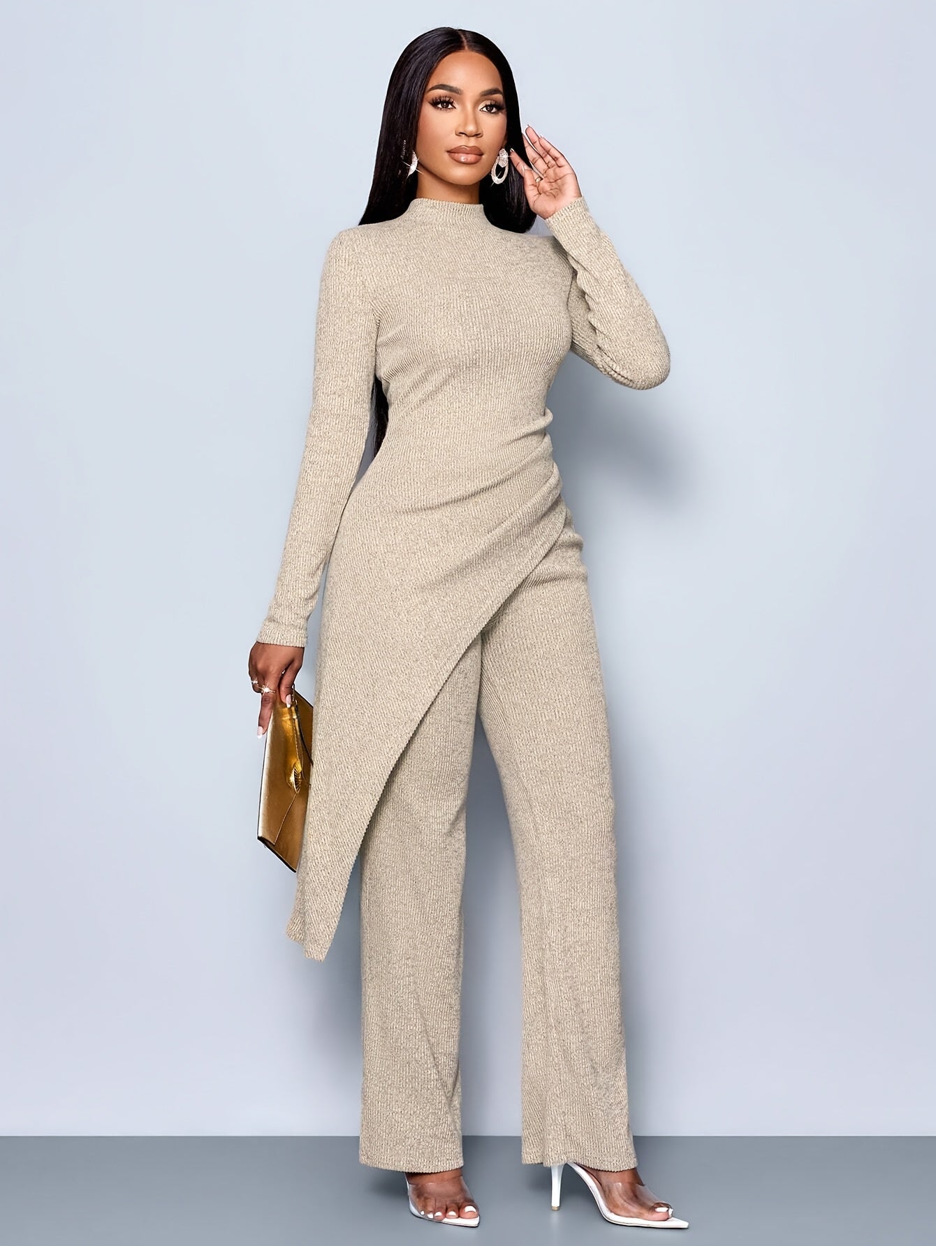 Ladies' Elegant Minimalist Asymmetrical  High-Neck Shirt Long Pants Set