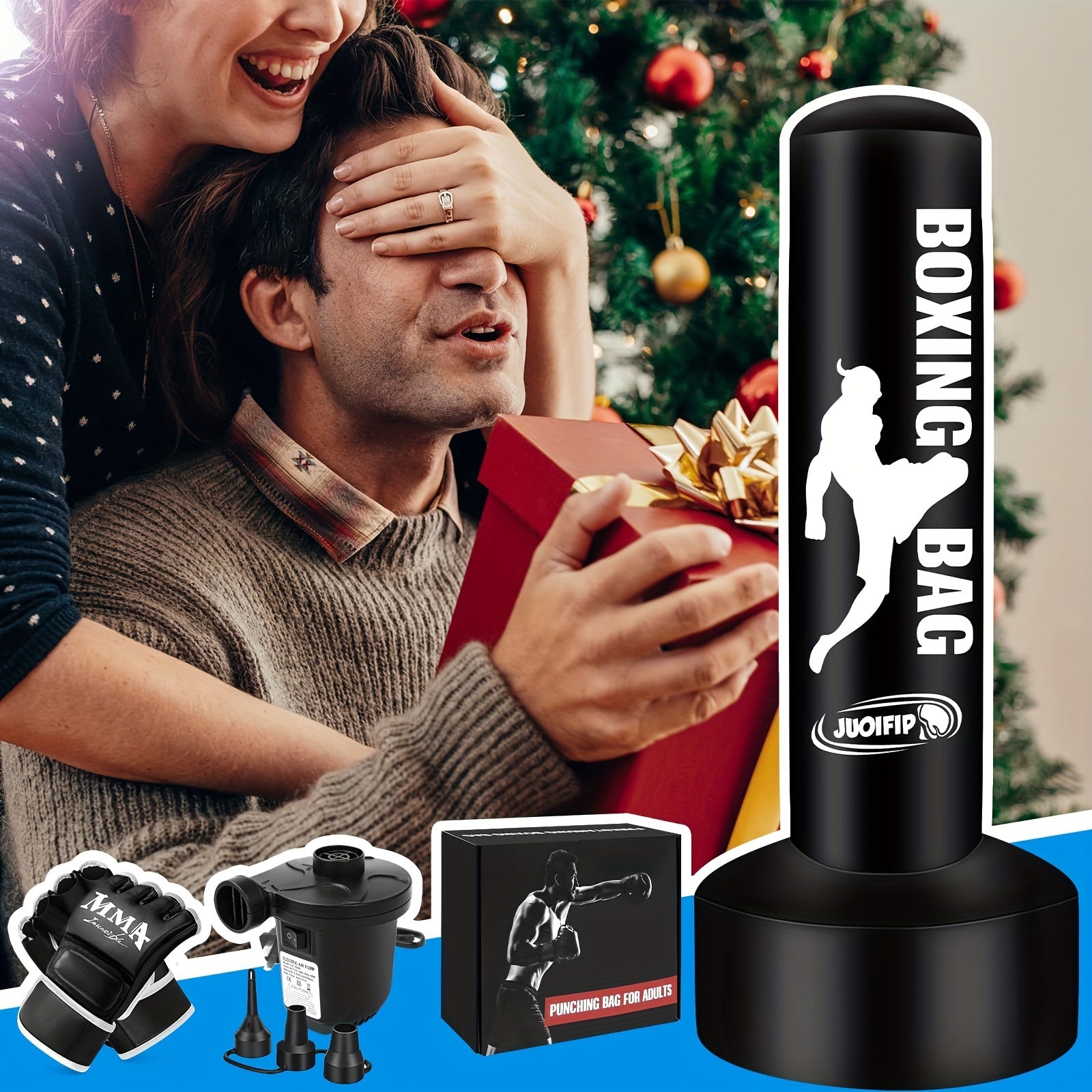 68" Freestanding Punching Bag with Stand for Adults - Inflatable Heavy Bag for Kickboxing, MMA, Muay Thai Training - Includes Pump and Gloves - Black, Home Gym Equipment | Boxing Motif Design