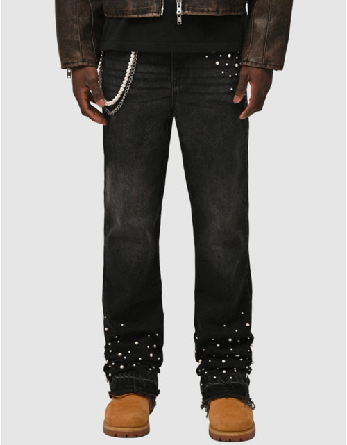 Load image into Gallery viewer, Men Slim-Fit Stretch Denim Jeans with Raw Hem &amp; Metallic Accents -  Light Blue &amp; Black, Comfortable &amp; Stylish for Casual Attire, Versatile Clothing, Trendy Streetwear, Durable Fabric
