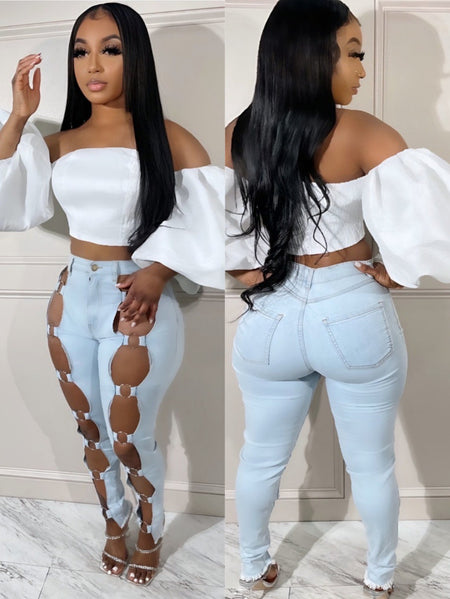 Women's Jeans - 2025 New Slim Sexy Light Blue Washed Steel Ring Lace-up Tight Ankle Jeans