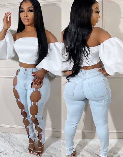 Load image into Gallery viewer, Women&#39;s Jeans - 2025 New Slim Sexy Light Blue Washed Steel Ring Lace-up Tight Ankle Jeans
