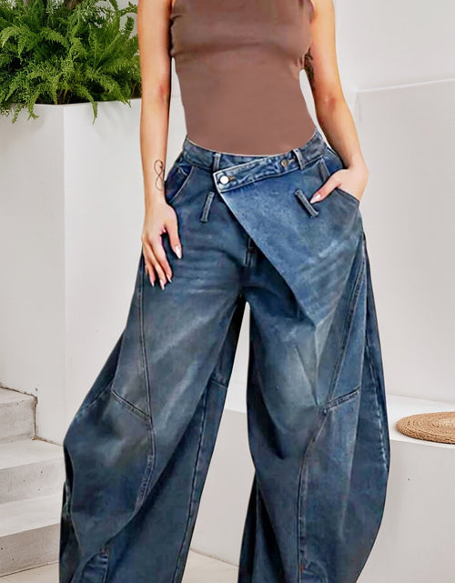 Load image into Gallery viewer, Women Cross-Buckle High Waist Pants - Asymmetrical Open Wide Leg Street Style Jeans, Vintage Tooling Casual Loose Pants with Pockets

