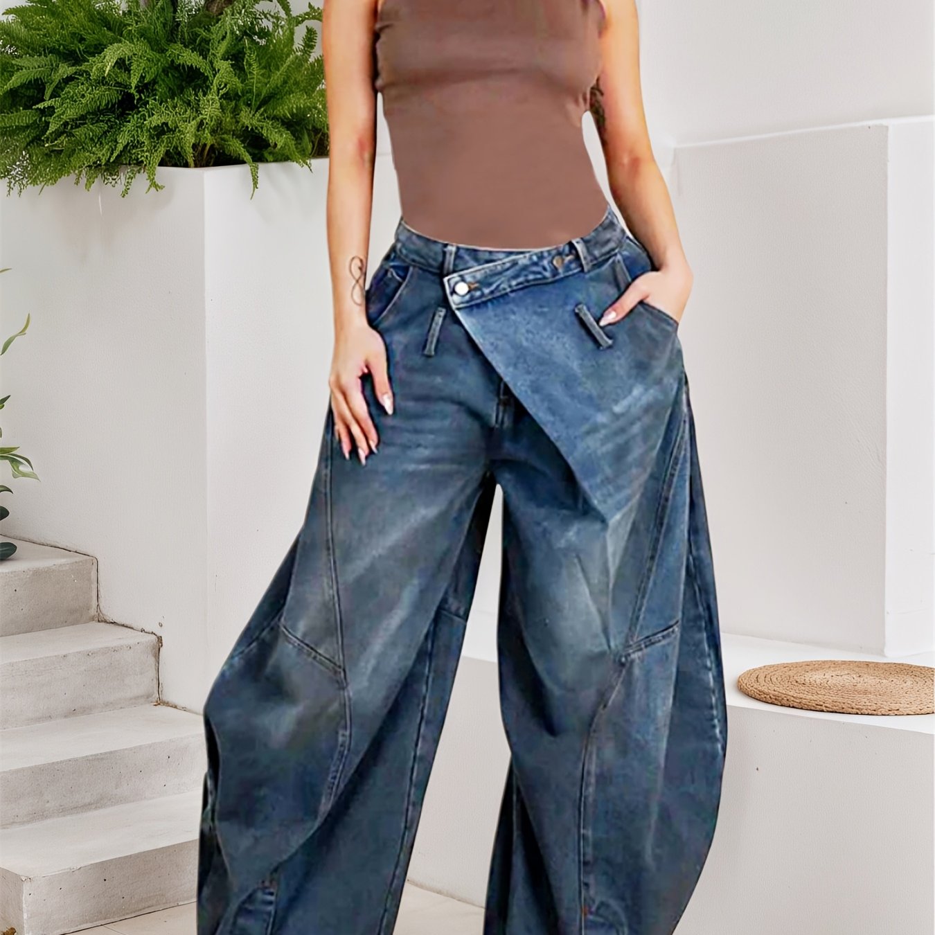 Women Cross-Buckle High Waist Pants - Asymmetrical Open Wide Leg Street Style Jeans, Vintage Tooling Casual Loose Pants with Pockets