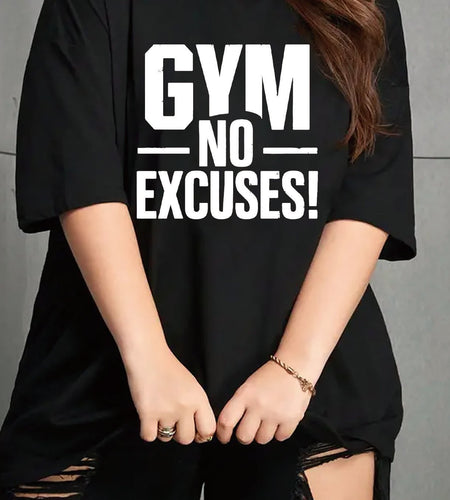 Women's Plus Size Casual Black T-Shirt - "Gym No Excuses" White Text Print, Short Sleeve, Round Neck, Stretchy Polyester Blend, Machine Washable, 0XL-4XL, Casual Wear|Relaxed Fit Tee|Knit Construction