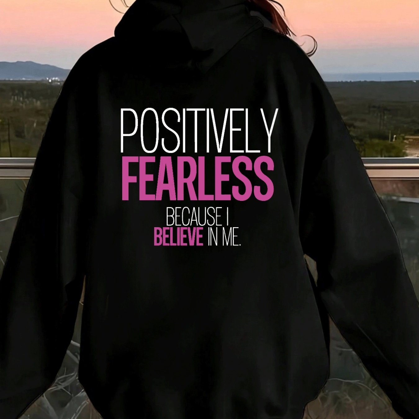 Women's "Positively Fearless" Motivational Print Hoodie - Black with Pink Lettering, Loose Fit Casual Pullover, Long Sleeve Hooded Sweatshirt with Pockets, Durable Fabric