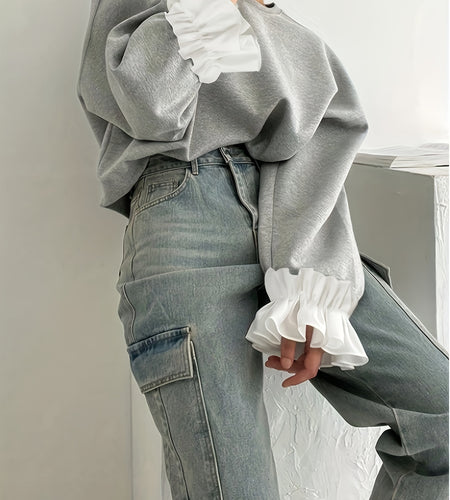 Plus Size, Women's Plus Size Oversized Sweatshirt - Fall Pullover Sweater with Elegant Ruffled Long Sleeves, Stretchy Fabric, Loose Fit Tops for Women (1XL-5XL) -  Relaxed Style, Chic Knitwear