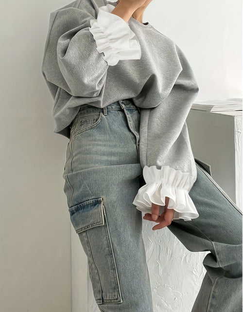 Load image into Gallery viewer, Plus Size, Women&#39;s Plus Size Oversized Sweatshirt - Fall Pullover Sweater with Elegant Ruffled Long Sleeves, Stretchy Fabric, Loose Fit Tops for Women (1XL-5XL) -  Relaxed Style, Chic Knitwear
