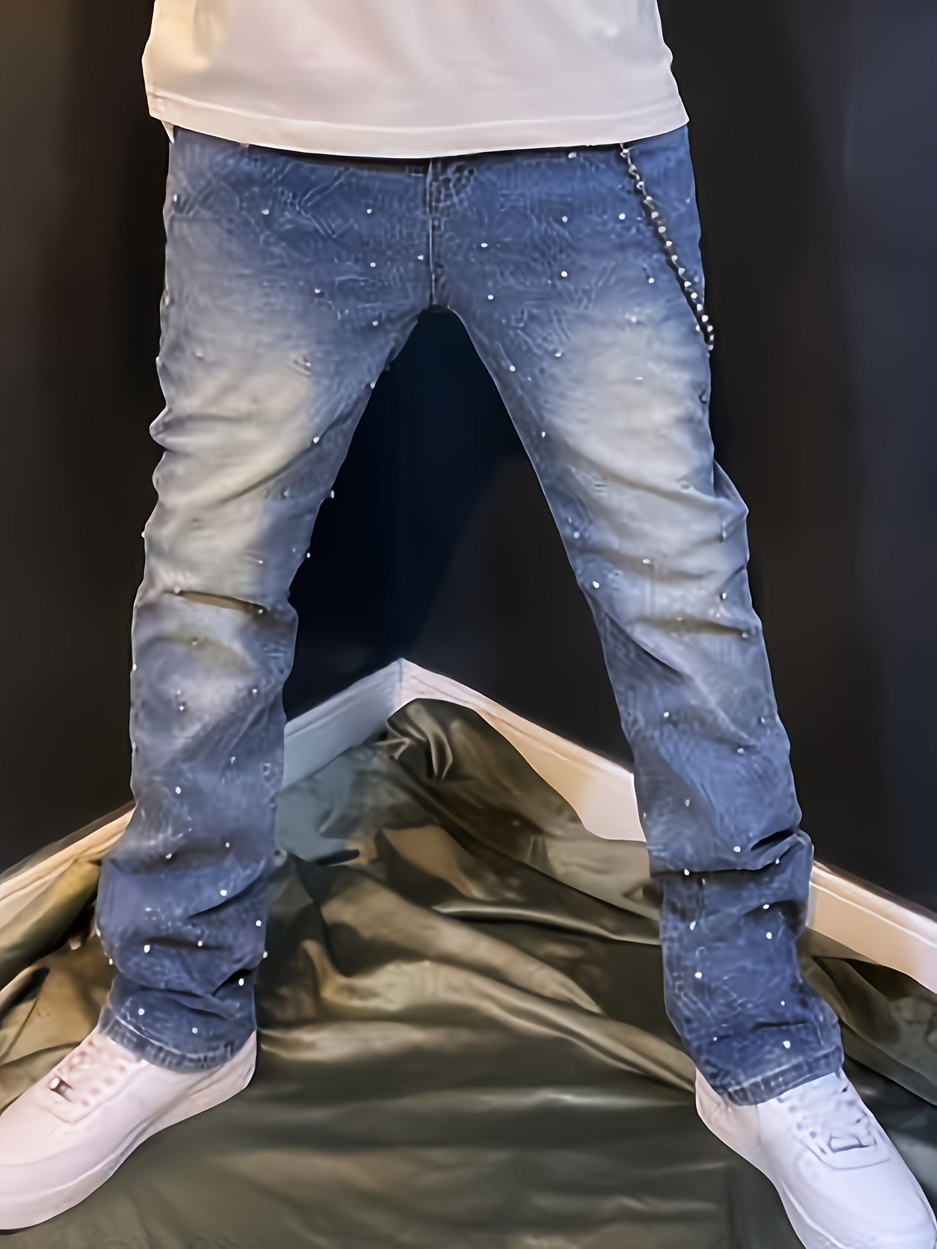 Men's Sparkling Elastic Straight Jeans ,Skinny Cotton Blend with Nail Drill Decoration