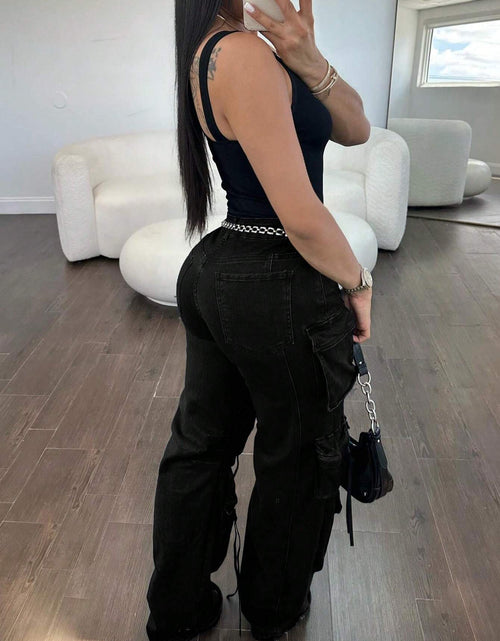 Load image into Gallery viewer, Women Cargo Jeans High Waisted Cargo Pants Y2k Baggy Wide Leg Denim Trousers With Flap Pockets
