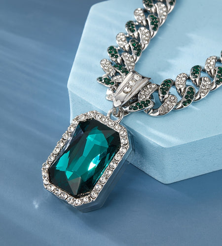 Hip-Hop Inspired Square Gemstone Pendant Necklace - Vintage Fashion Design with Sparkling Cuban Link Chain, Zinc Alloy & Rhinestone Embellished, Available in Multiple Colors, Hip Hop Necklace