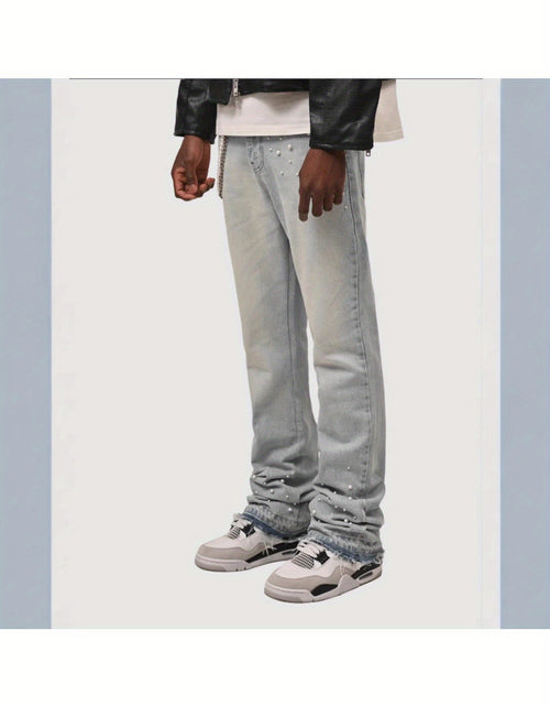 Load image into Gallery viewer, Men Slim-Fit Stretch Denim Jeans with Raw Hem &amp; Metallic Accents -  Light Blue &amp; Black, Comfortable &amp; Stylish for Casual Attire, Versatile Clothing, Trendy Streetwear, Durable Fabric
