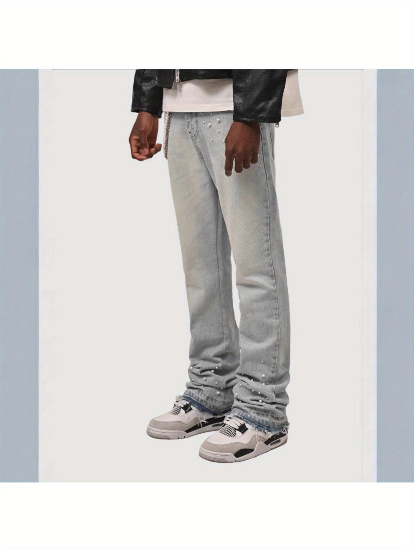 Men Slim-Fit Stretch Denim Jeans with Raw Hem & Metallic Accents -  Light Blue & Black, Comfortable & Stylish for Casual Attire, Versatile Clothing, Trendy Streetwear, Durable Fabric