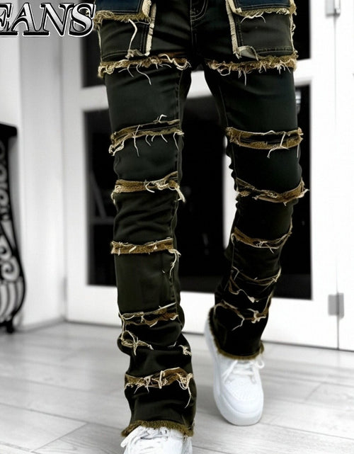 Load image into Gallery viewer, - Men Slim Straight Denim Trousers Featuring Layered Rips And Patchwork - Mid-Rise with a Zipper, Fringed Design, Ideal for Street Fashion,
