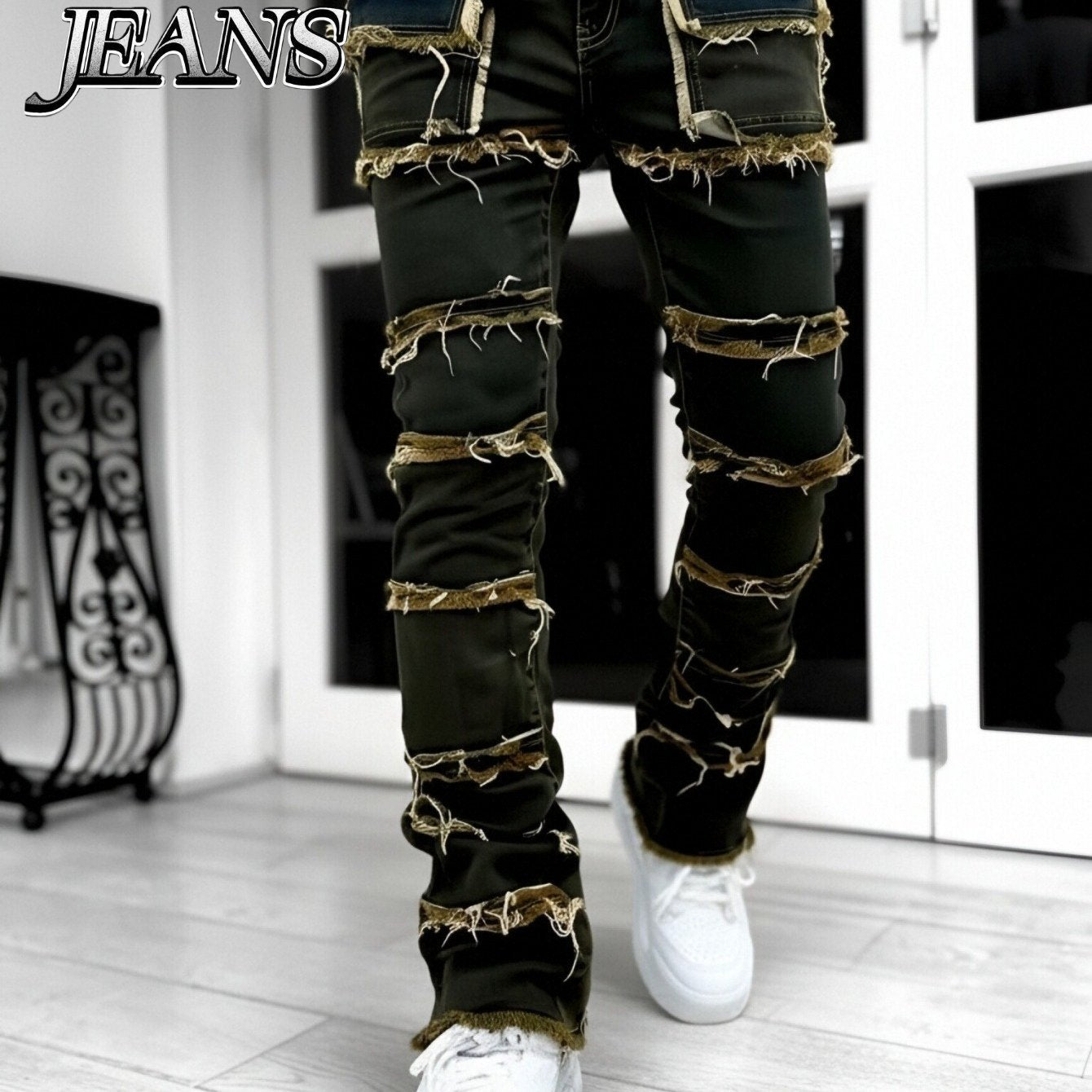 - Men Slim Straight Denim Trousers Featuring Layered Rips And Patchwork - Mid-Rise with a Zipper, Fringed Design, Ideal for Street Fashion,