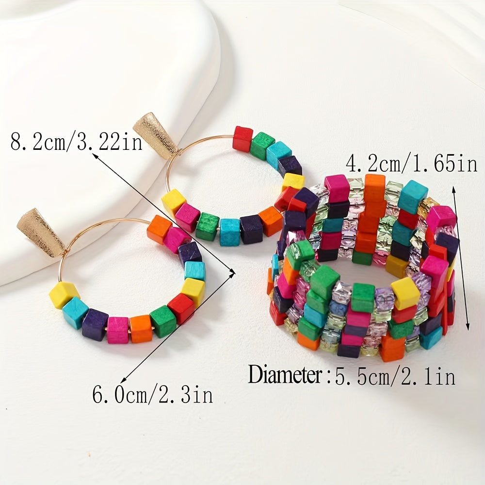 3pcs Set Bohemian Wooden Colorful Beaded Bracelet and a Pair of Colorful Beaded Earrings Bohemian Jewelry Set