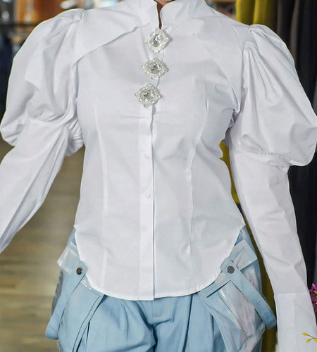 Women's White Blouse - Voluminous Puff Sleeves with Decorative Embellished Buttons | Slim-Tailored Fit