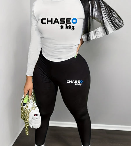 Two-Piece Chic Outfit - Crew Neck Long Sleeve Tee and Slim Fit Pants Set with Letter Print - Womens Fashion Clothing for Everyday Wear