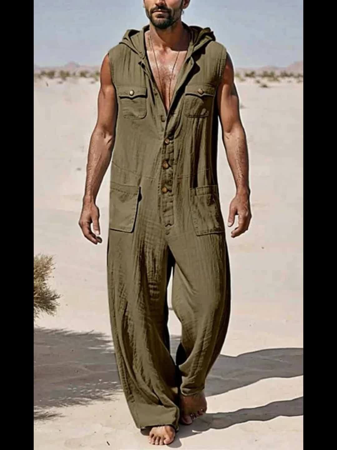 Mens Leisure Hoodies Jumpsuit Sleeveless Overalls With Pockets