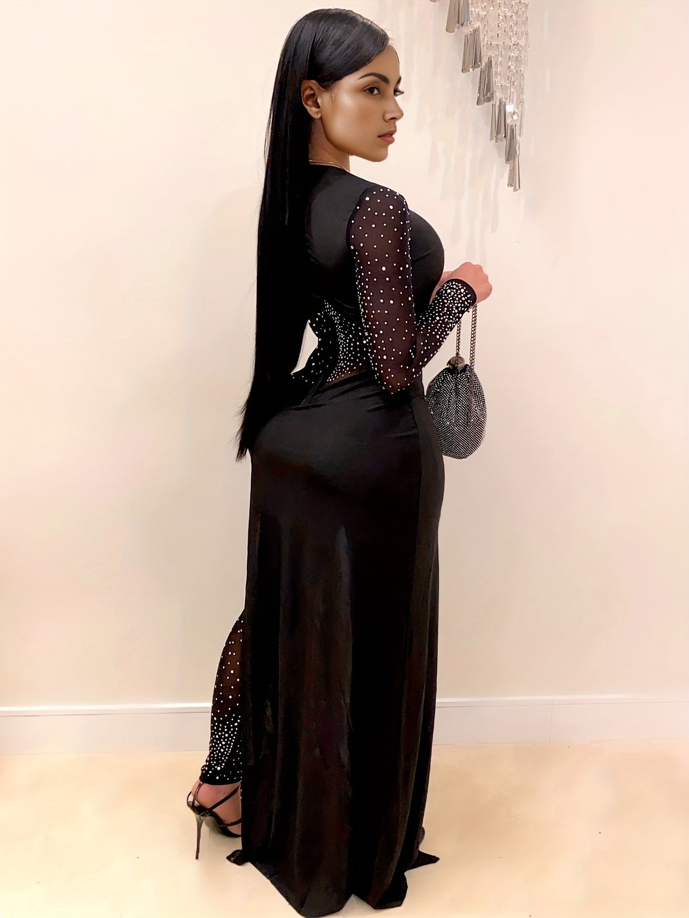 Women Sexy Elegant Rhinestone Mesh See-through Bodycon Jumpsuit Party Club Night Outfit