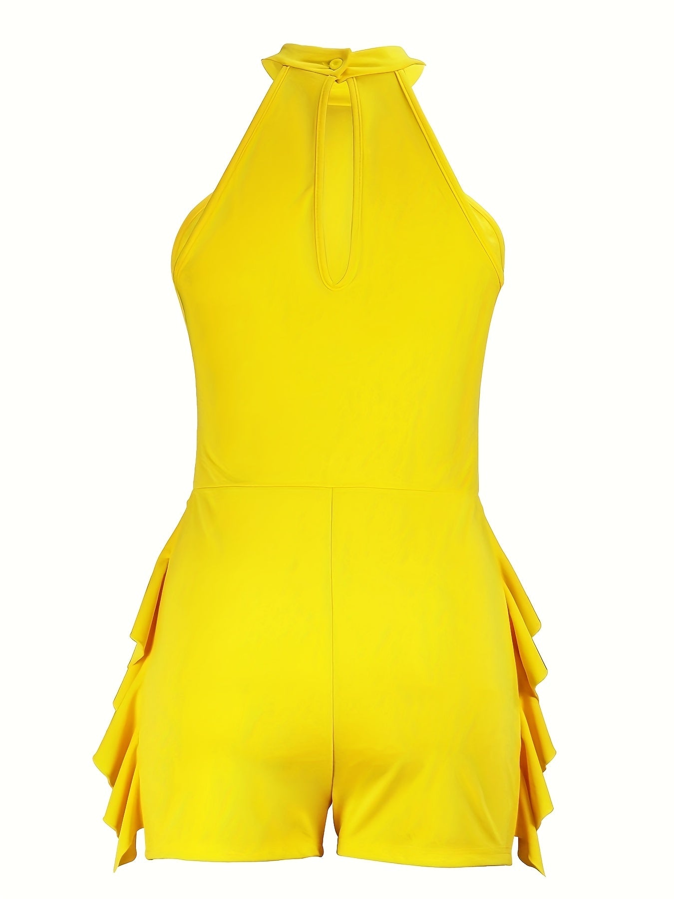Women's Sexy Halter-Neck Romper with Flirty Ruffle Hem - Sleeveless Vibrant Yellow Stretchy Machine-Washable Jumpsuit for Spring/Summer Outings, Beach Parties & Casual Wear, Beach Dresses