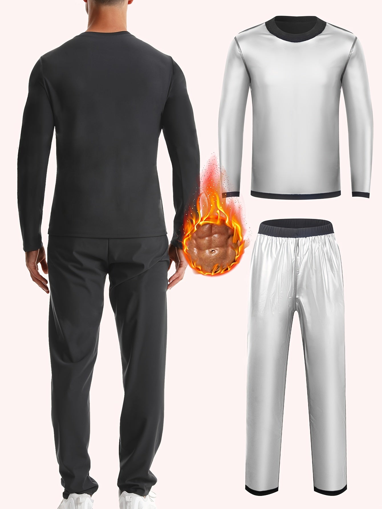 Men's 2pcs Sweat Suit,  Knit Fabric, Crew Neck Long Sleeve & Pants, Quick Sweat Gym Workout Outfit, Universal Fit for Training & Yoga, Solid Color, Slight Stretch, All Seasons