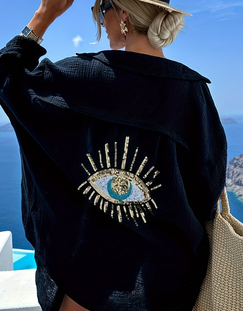 Load image into Gallery viewer, Plus Size Women&#39;s Teal Blue Beach Cardigan - Long Sleeve, Loose Fit, Sequin Third Eye Design, Soft Polyester Knit Fabric for Spring/Summer
