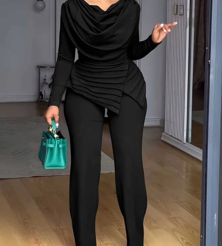 Plus Size - Women Plus Size Two-Piece Set - Cinched Waist Top & Flared Pants, Solid Color, Asymmetrical Design, Casual Style, Crew Neck, Slight Stretch Fabric