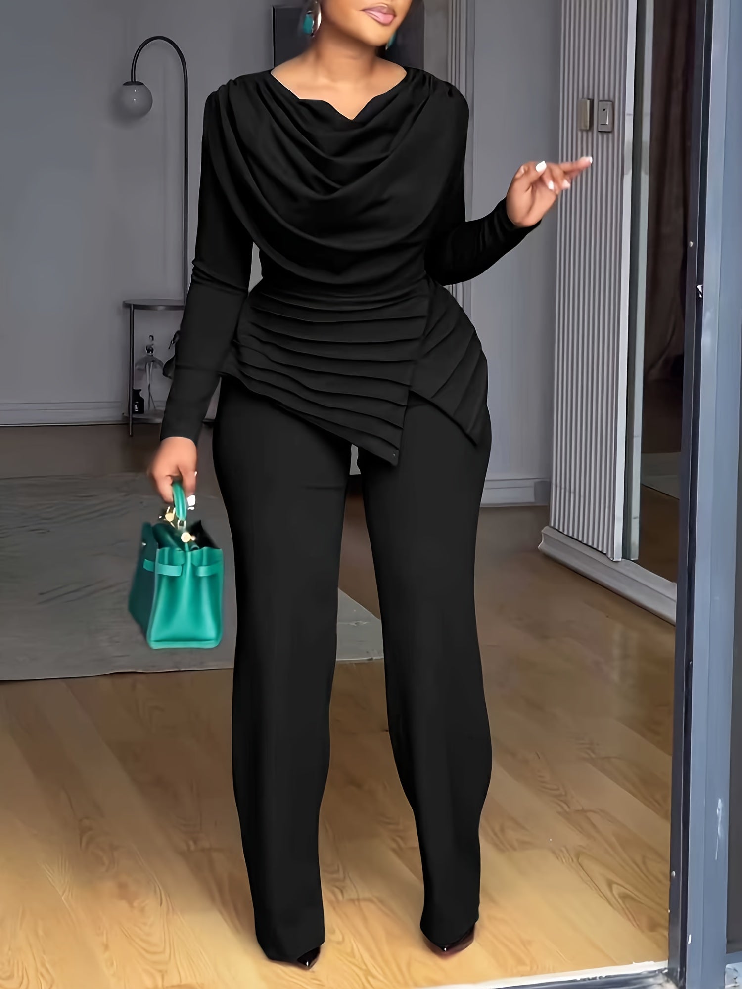 Plus Size - Women Plus Size Two-Piece Set - Cinched Waist Top & Flared Pants, Solid Color, Asymmetrical Design, Casual Style, Crew Neck, Slight Stretch Fabric