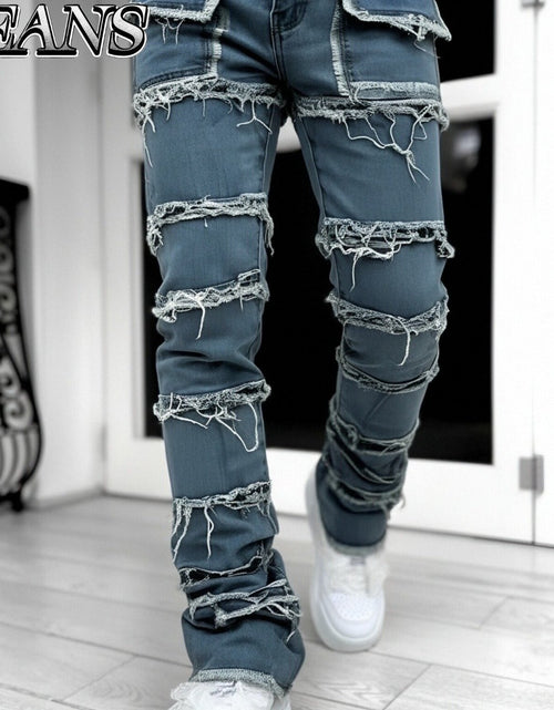 Load image into Gallery viewer, - Men Slim Straight Denim Trousers Featuring Layered Rips And Patchwork - Mid-Rise with a Zipper, Fringed Design, Ideal for Street Fashion,
