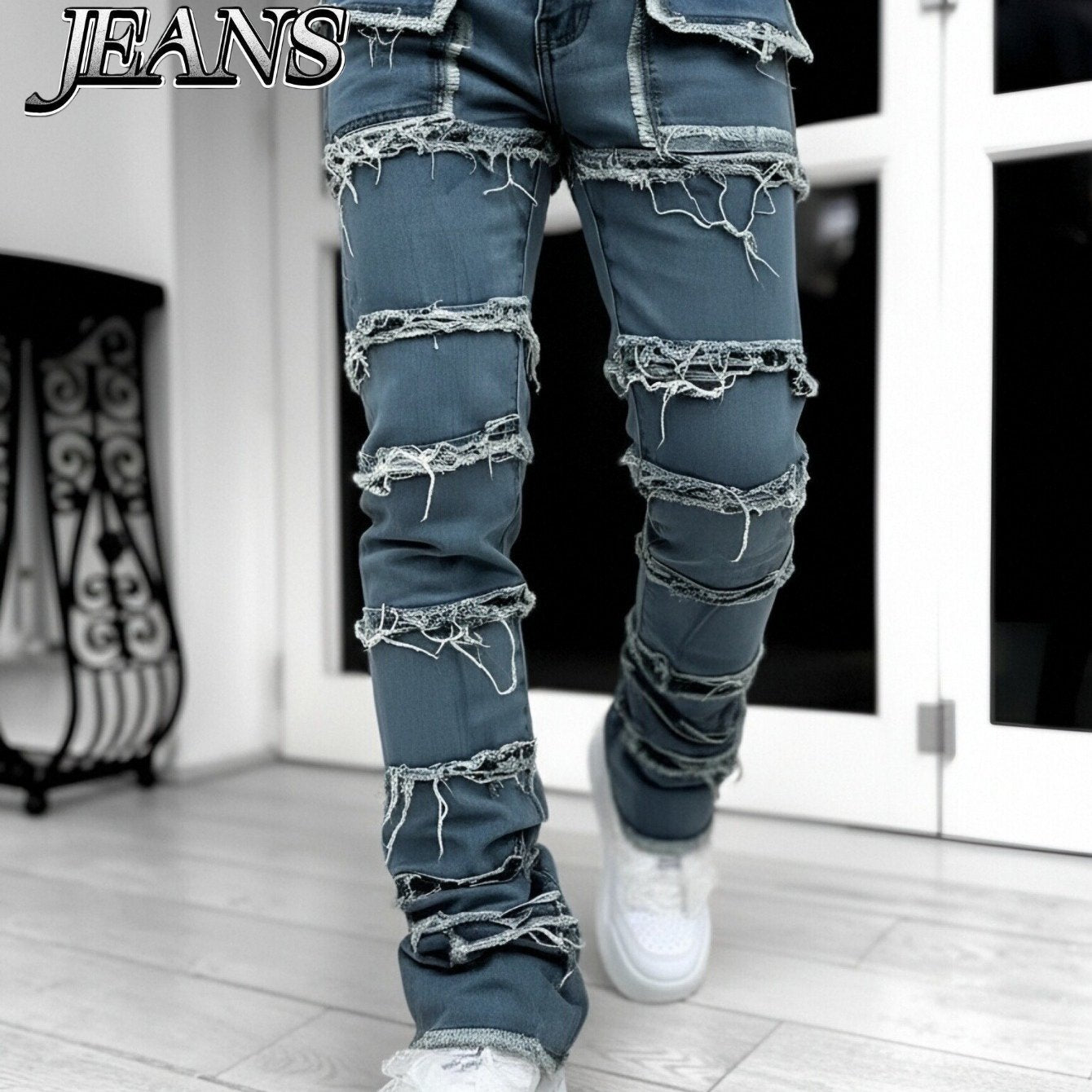 - Men Slim Straight Denim Trousers Featuring Layered Rips And Patchwork - Mid-Rise with a Zipper, Fringed Design, Ideal for Street Fashion,