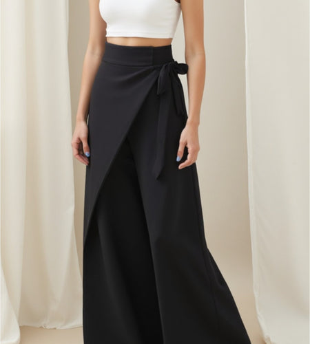 Women  High-Waisted Wide-Leg Trousers with Tie-Front Waist & Belted Collar - Elegant Winter Pants for, Commuting, Dates - Non-Stretch Fall/Winter Outfits (Solid Black) - Hand Washable