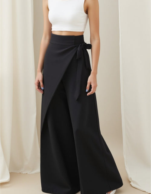 Load image into Gallery viewer, Women  High-Waisted Wide-Leg Trousers with Tie-Front Waist &amp; Belted Collar - Elegant Winter Pants for, Commuting, Dates - Non-Stretch Fall/Winter Outfits (Solid Black) - Hand Washable
