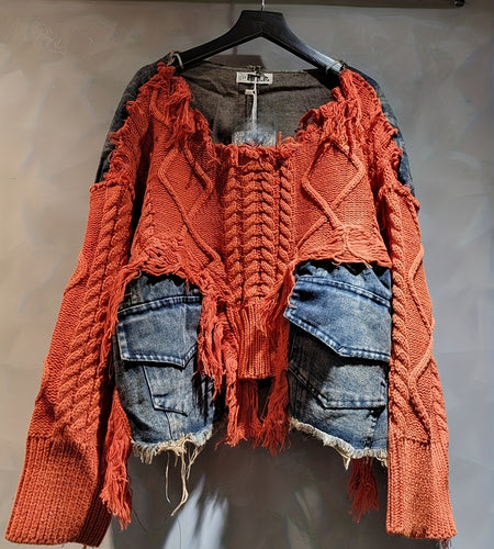 Trendy Braided Patchwork Denim Crewneck Long-Sleeve Cropped Sweater for Women, Fall/ Winter 2025