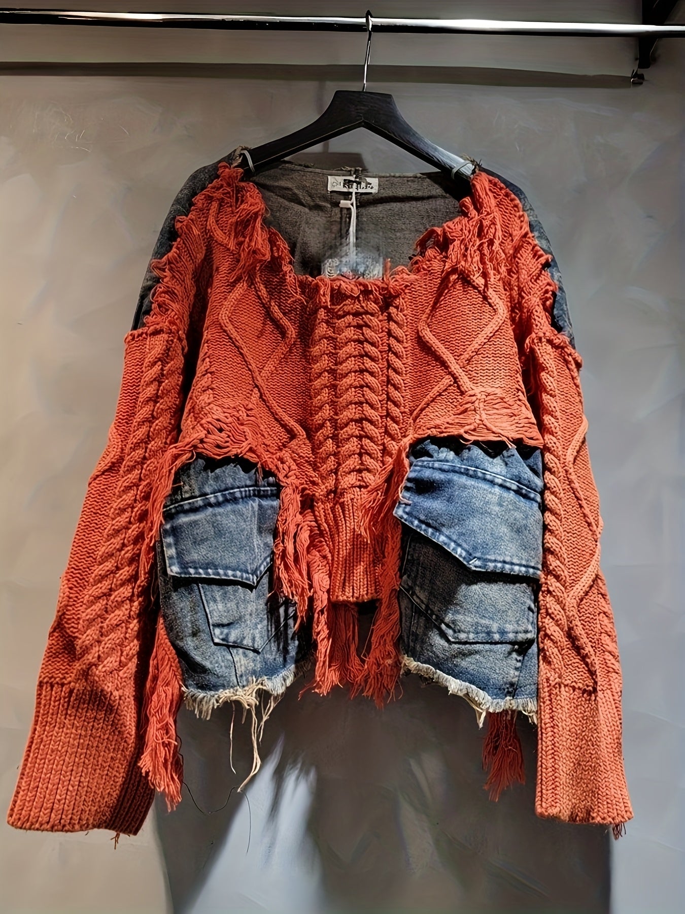 Trendy Braided Patchwork Denim Crewneck Long-Sleeve Cropped Sweater for Women, Fall/ Winter 2025