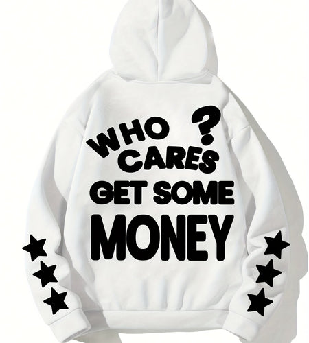 Men Casual Street Style Hoodie - "Who Cares? Get Some Money" Graphic, Loose Fit, Long Sleeve, Polyester, Machine Washable - Perfect for Spring/ Fall, Oversized Hoodie